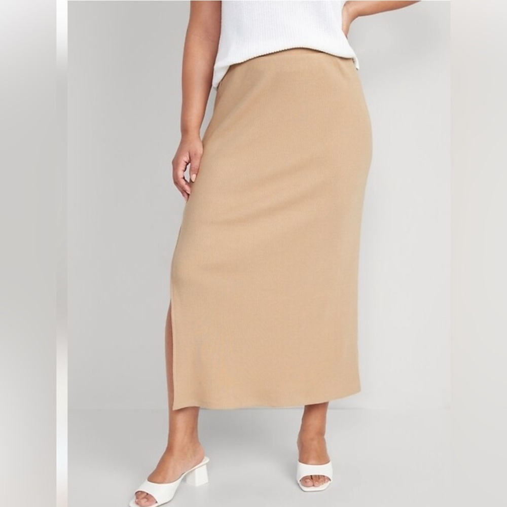 Old Navy Ribbed-Knit Pull On Maxi Skirt NWT Beige Tan Side Slit Women's XXL Tall